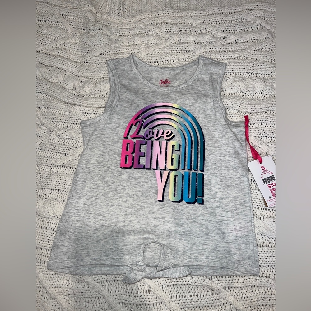 Girls Justice Glitter “love being you” gray tank with tye- front NWT